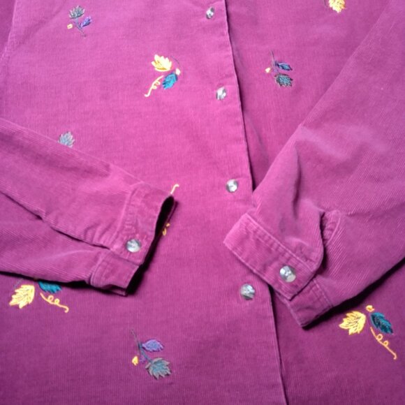 Bobbie Brooks Shirt XL Button Up Embroidered Leaf Leaves Maroon Corduroy Nature - Picture 5 of 10
